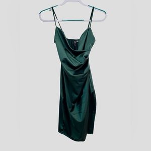 windsor spaghetti strap form fitting wrap dress in green shiny stretch